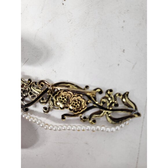 Vintage Brass Gold Tone Floral Design Brooch Pin With Beads Mid Century Modern - Picture 5 of 6